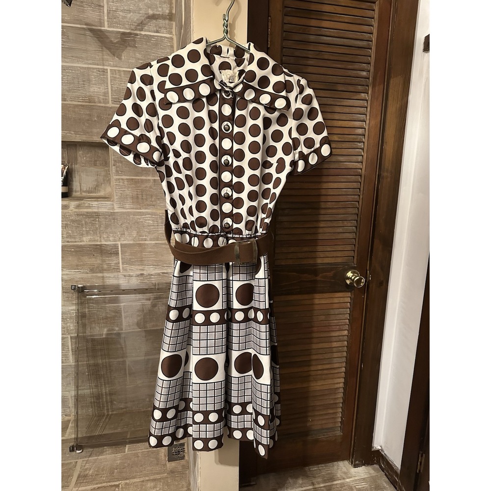 Vintage Donle Women's Dress Brown Polka Dots Belt Pleat Size M 60s 70s